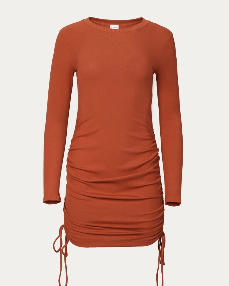 Front of a size L Ruched Ribbed Stretch-Modal Mini Dress in Rust in Rust by By Together. | dia_product_style_image_id:337618